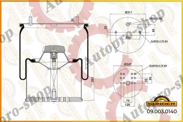 090030140 Пневморессора со стаканом (металл) 2шп.-M12 + 1 отвер.M22 под возд. SONDER
